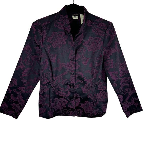 Belongings Purple Black Floral Mock Neck Lightweight Button Up Jacket Size S - Picture 1 of 6